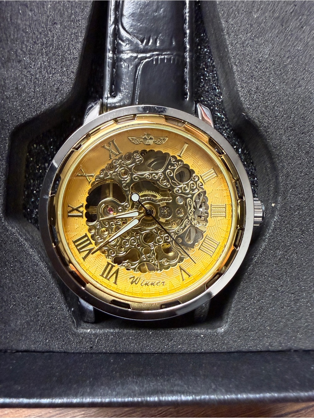 Men's Gold Skeleton Dial Automatic Watch with Black Leather Strap